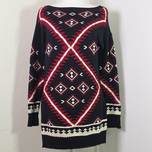 Lauren Ralph Lauren Petite PS Black Red Aztec Geometric Cotton Tunic Sweater - Picture 1 of 12